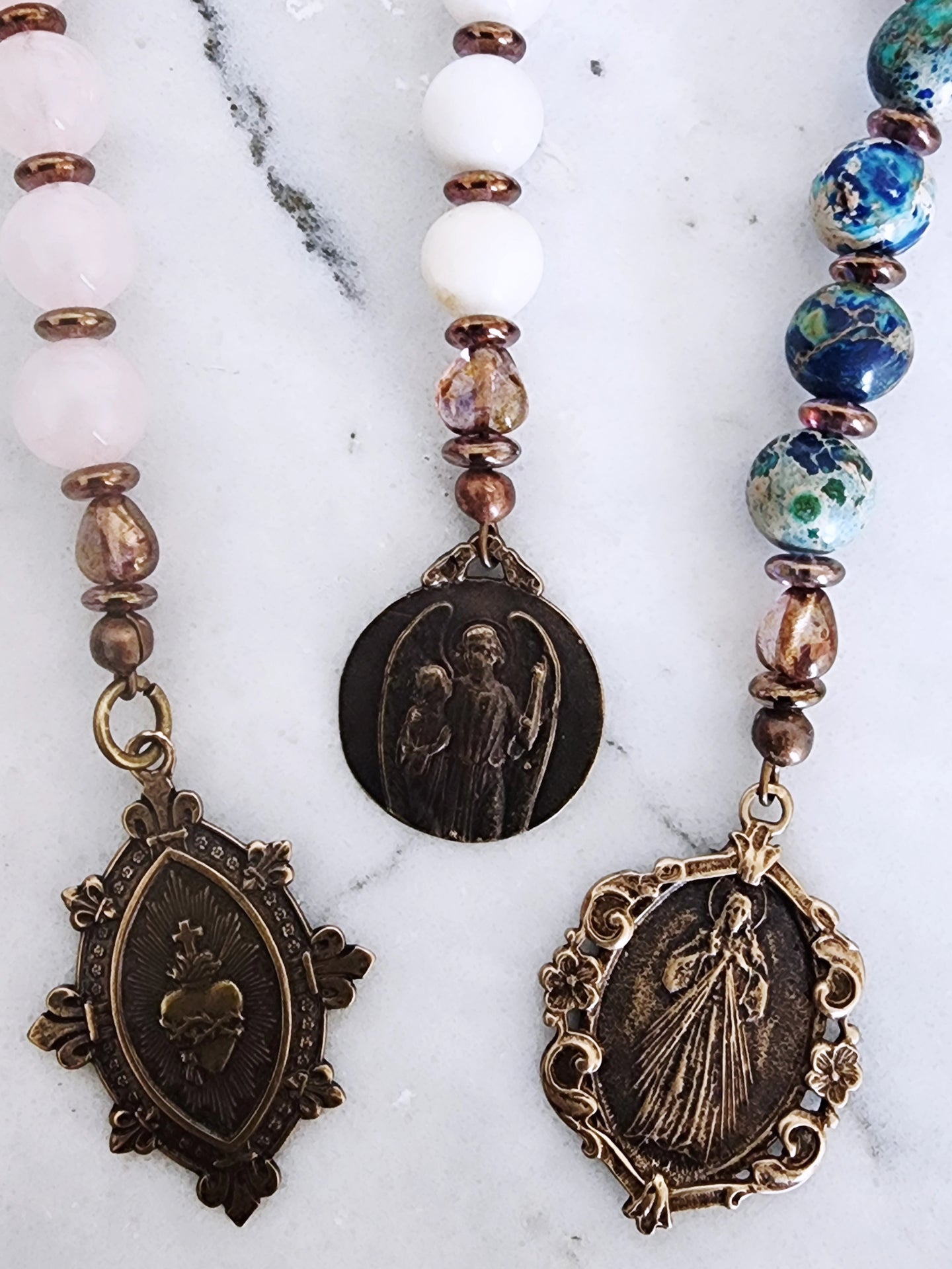 Rose Quartz Sacred Heart Bronze Pocket Rosary