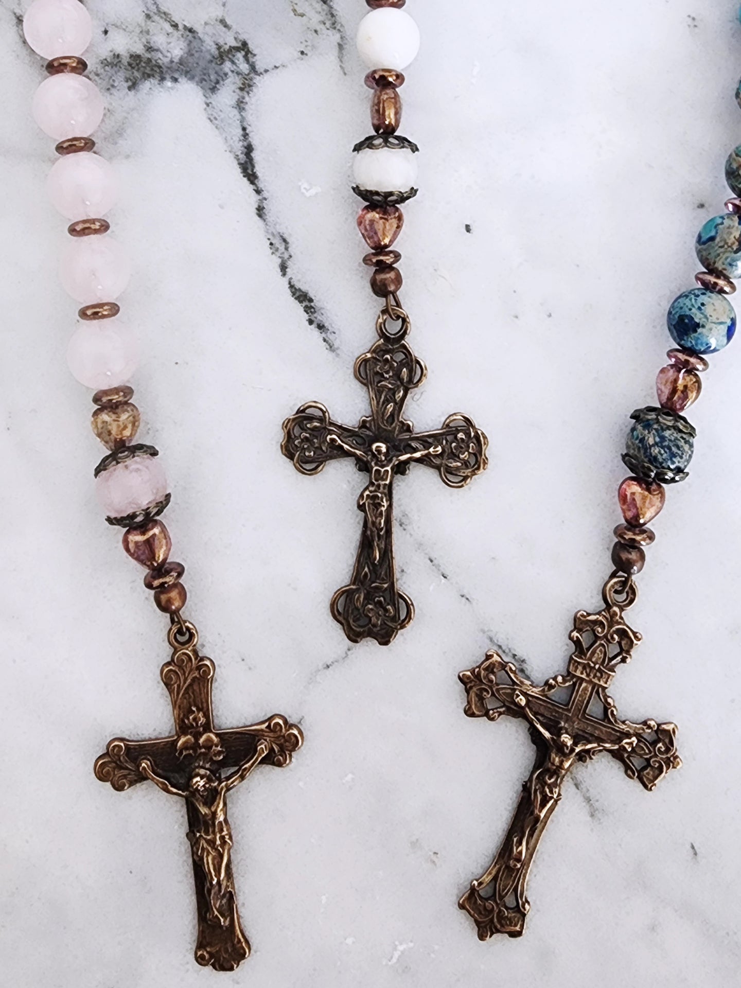 Rose Quartz Sacred Heart Bronze Pocket Rosary