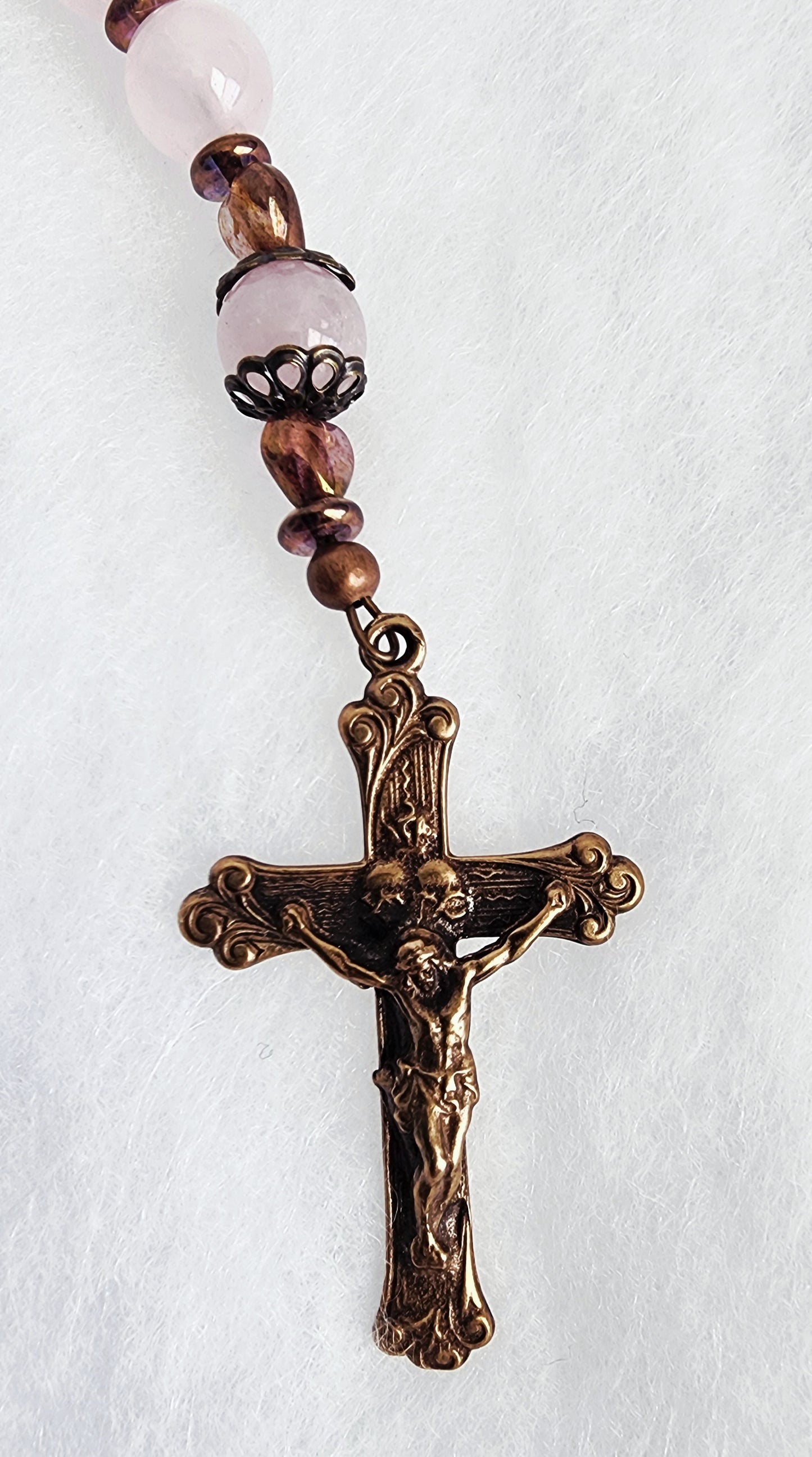 Rose Quartz Sacred Heart Bronze Pocket Rosary