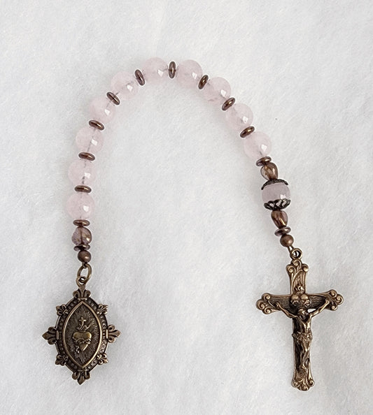 Rose Quartz Sacred Heart Bronze Pocket Rosary