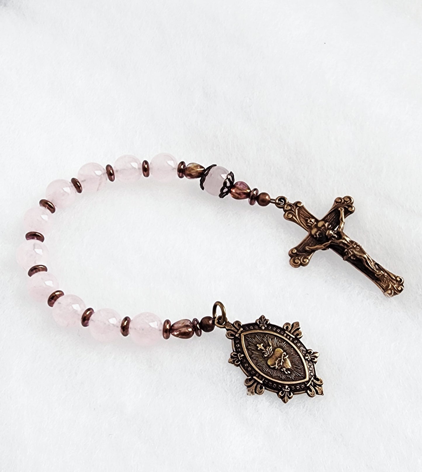 Rose Quartz Sacred Heart Bronze Pocket Rosary