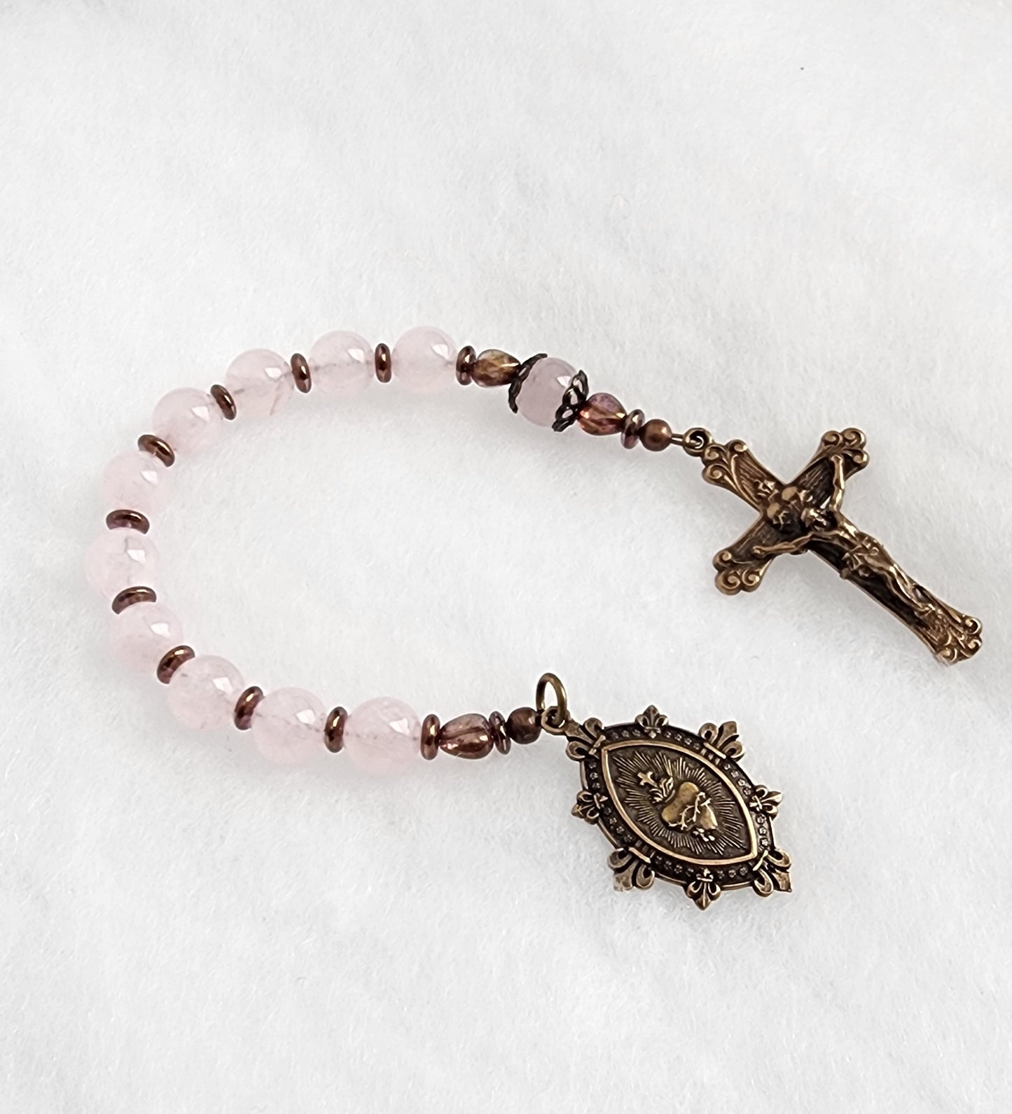 Rose Quartz Sacred Heart Bronze Pocket Rosary