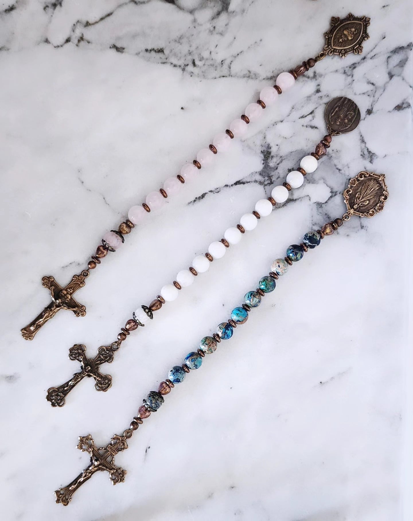Rose Quartz Sacred Heart Bronze Pocket Rosary