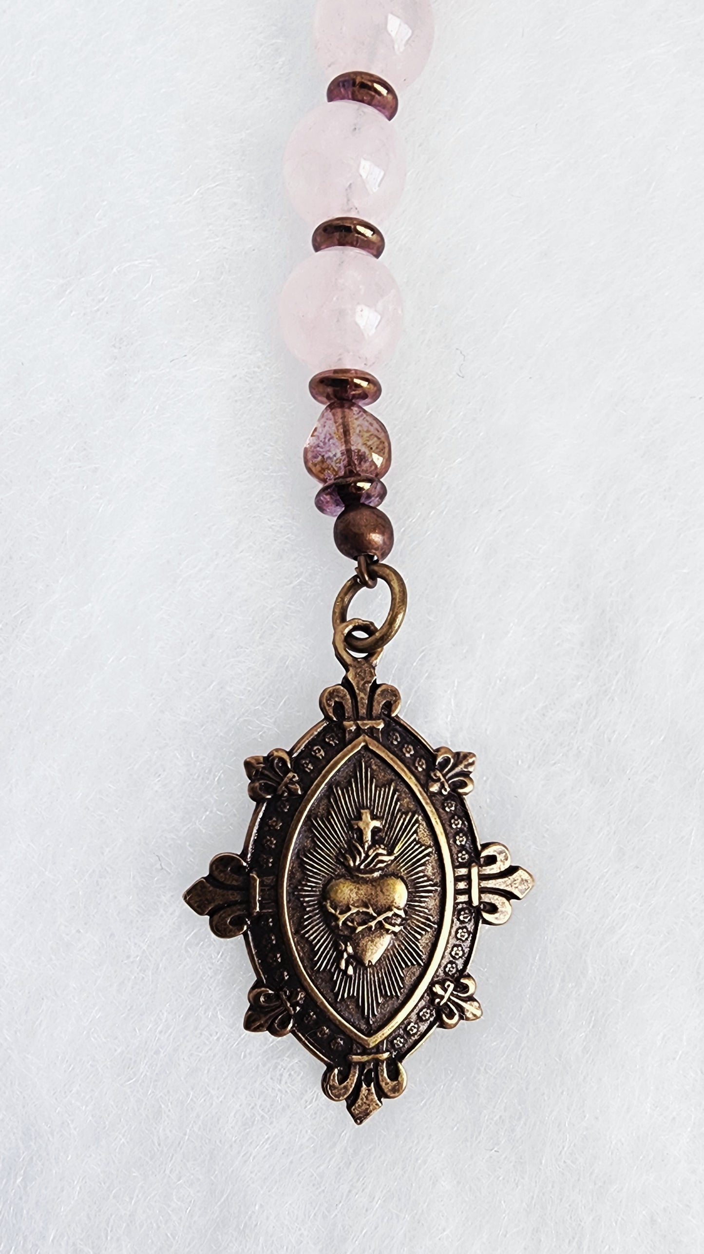 Rose Quartz Sacred Heart Bronze Pocket Rosary