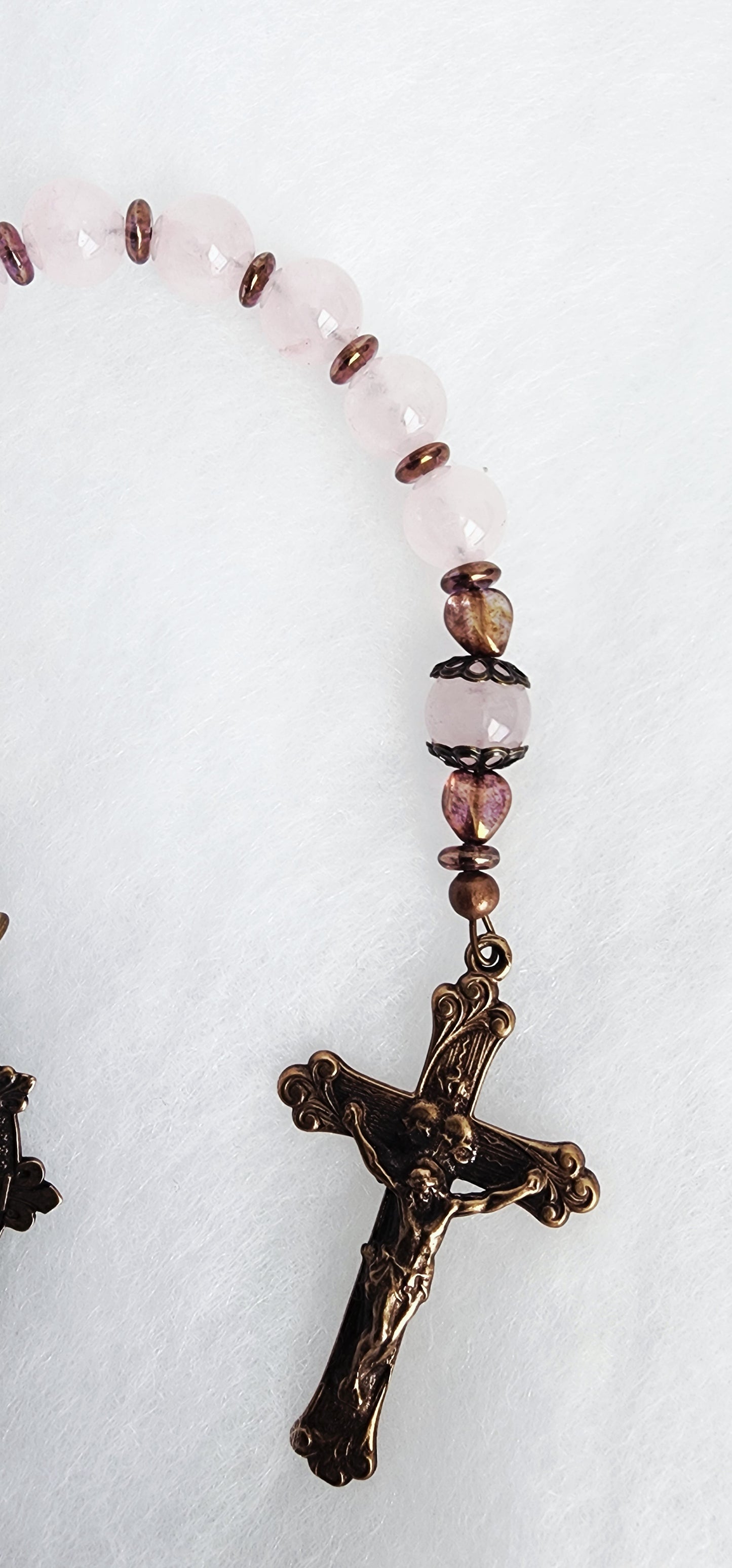 Rose Quartz Sacred Heart Bronze Pocket Rosary